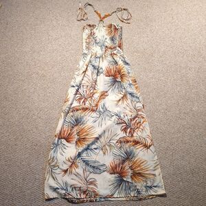 Cassees Smocked Maxi Dress Small Hatler Beaded Tropical Shirred Boho Resort